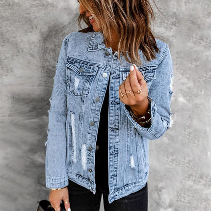 Women's Casual Washed Blue Denim Jacket Coat