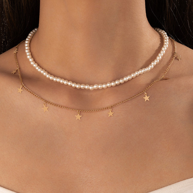 Zweiteiliges Set mit mehrschichtiger geometrischer Pentagramm-Halskette aus Perlen