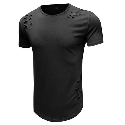 Wholesale Men's Summer Ripped Round Neck Solid Color Short Sleeve T-Shirt