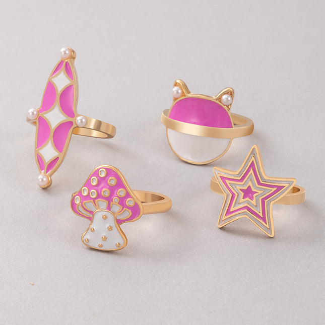 Großhandel Pink Drip Oil Mushroom Star Pearl geometrischer Ring 4St