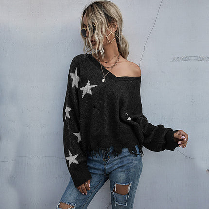 Wholesale Women's V-Neck Star Ripped Long Sleeve Knit Pullover Sweater