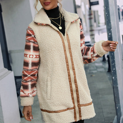 Damen-Revers-langer Fleece-Mantel mit Reißverschluss