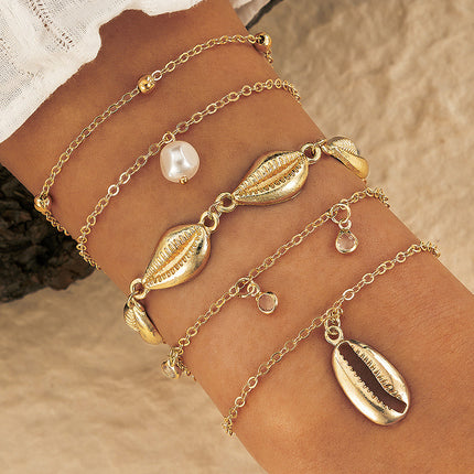 Shell Pearl Thick Chain 4 Piece Bracelet