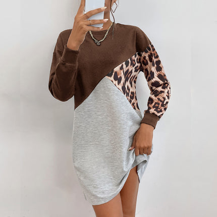 Wholesale Ladies Fall Round Neck Mid Length Leopard Print Knited Dress