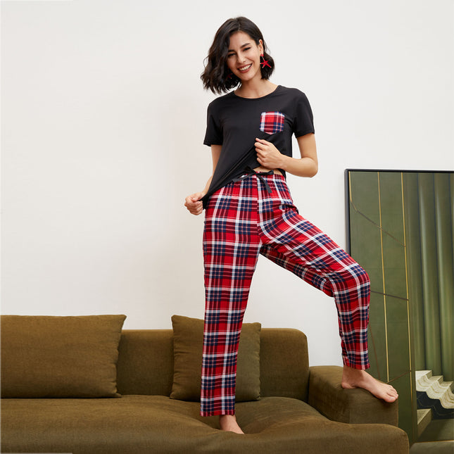 Conjunto de pijama para mujer, pantalones a cuadros con costuras de manga corta, ropa de casa