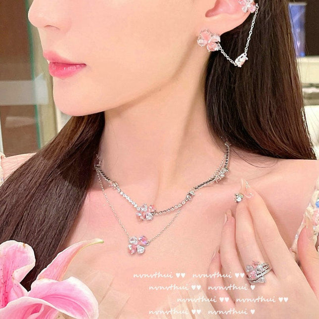 Water Drop Flower Necklace 18K Gold Plated Zircon Earrings