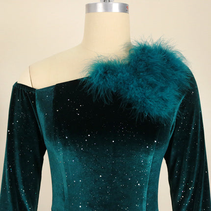 Fall Winter Slanted Shoulder VelvetWomen's Sequin Party Dress