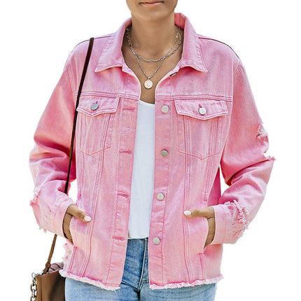 Women's Casual Washed Blue Denim Jacket Coat