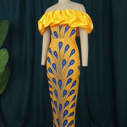 Ladies Print Elegant Wrap Hip One Shoulder Tube Top Evening Dress