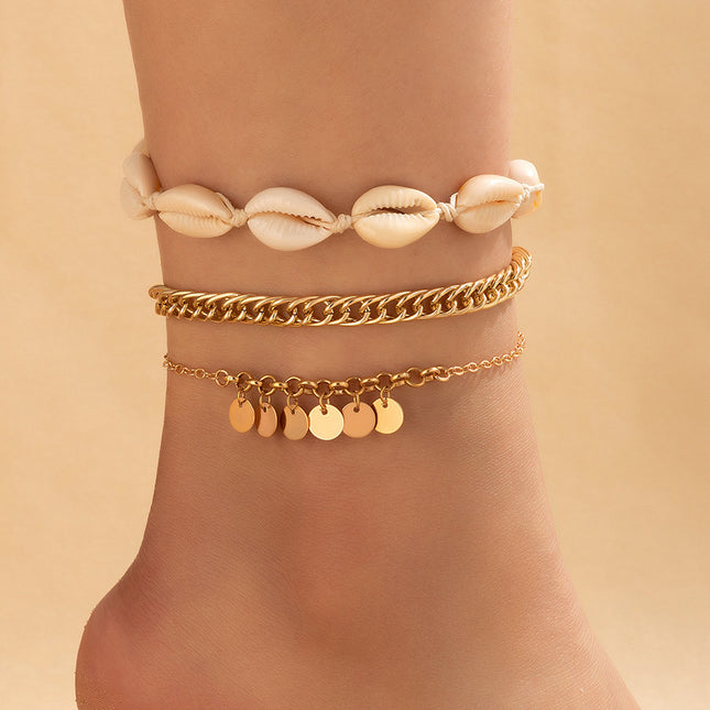 Shell Rope Geometric Chain Disc Triple Layer Anklet