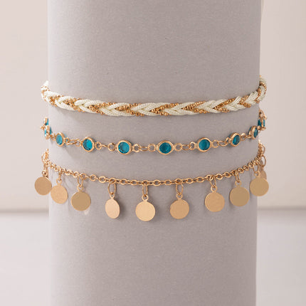 Colorful Rhinestone Disc Beige String Tassel Multilayer Anklet