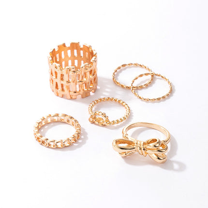 Hollow Braided Geometric Gold Bow Ring Set of 6