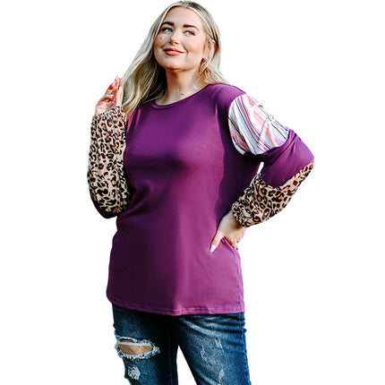 Sudadera con capucha de talla grande con manga farol y rayas de leopardo para mujer