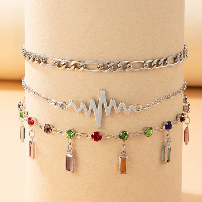 Tassel Alloy Leaf Heartbeat Color Diamond Leaf Three-piece Anklet