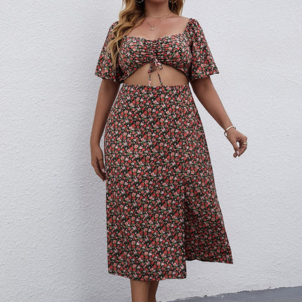 Wholesale Ladies Plus Size Casual Square Neck Cropped Floral Maxi Dress