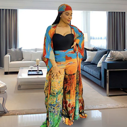 Wholesale African Women's Chiffon Loose Turban Cardigan Robe Pants Three-Piece Set