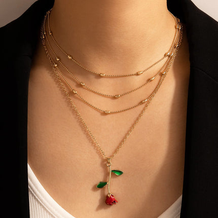 Valentine's Day Gift Rose Flower Drip Oil Alloy Multi-Layer Ladies Necklace