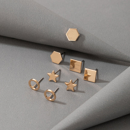 Circle Pentagram Star Gold Stud Earrings 4 Pairs Set