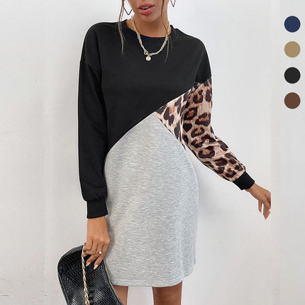 Wholesale Ladies Fall Round Neck Mid Length Leopard Print Knited Dress