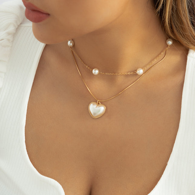 Simple Heart Shape Pearl Pendant Necklace Metal Chain Choker