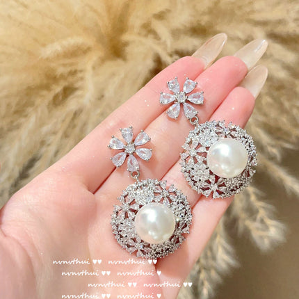 Spitze-Bienenwaben-Blumen-Ring-Perlen-Blumen-Ohrring-Halskette