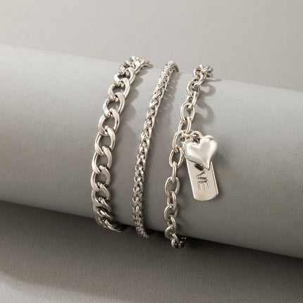 Silver Buckle Chain Heart Geometric Anklet Set of 3