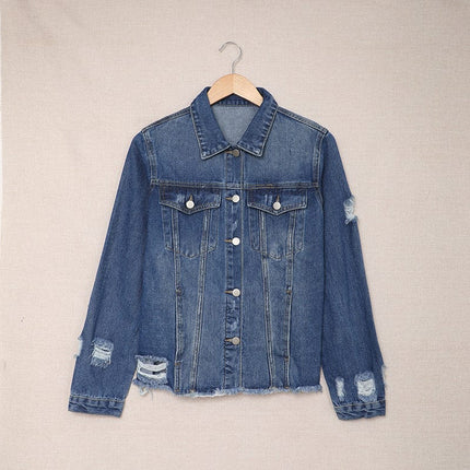 Women's Casual Washed Blue Denim Jacket Coat