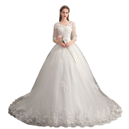 Wholesale Trailing Deep V Neck Lace Large Size High Waist Wedding Dress