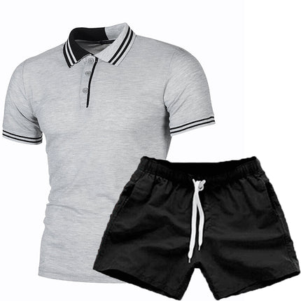 Gestreifter, farblich passender, schmaler, lässiger Poloshirt-Shorts-Anzug für Herren