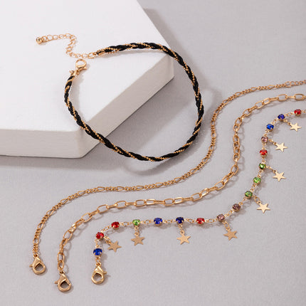 Geometric Colorful Rhinestone Cord Braided Star Tassel Anklet