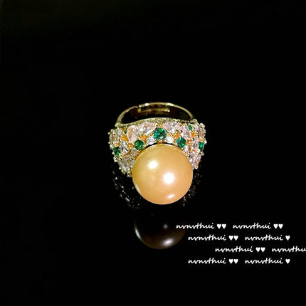 Blumen-Perlen-Ring 18 Karat vergoldeter Meerwasser-Muschel-Perlen-Zirkon-Ring