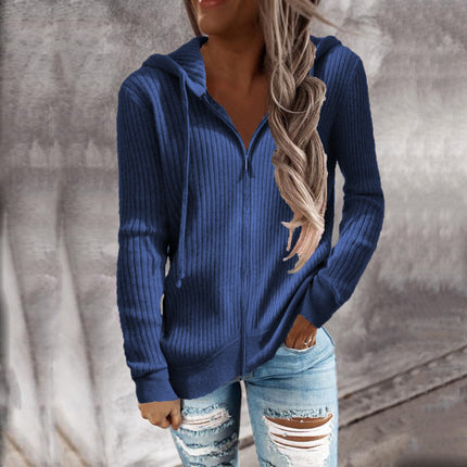 Ladies Striped Casual Sweater Loose Knit Sweater Zip Cardigan Long Sleeve Hooded Sweater