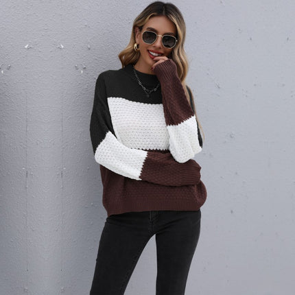 Wholesale Women's Fall Winter Color Block Round Neck Pullover Sweater