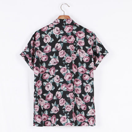 Wholesale Men's Summer Shirt Rose Print Short Sleeve Lapel Casual Top