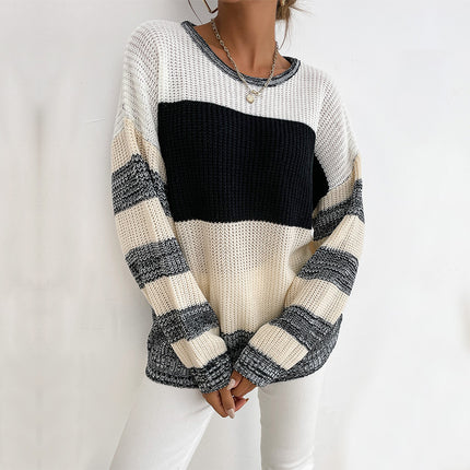 Wholesale Women's Autumn Pullover Round Neck Striped Sweater