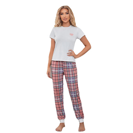 Ladies Loungewear Printed Short Sleeve Plaid Pants Pajamas