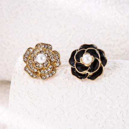 Pearl Rhinestone 3D Rose Flower Oil Drop Earrings
