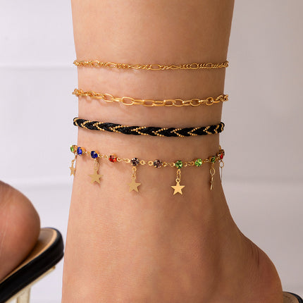 Geometric Colorful Rhinestone Cord Braided Star Tassel Anklet