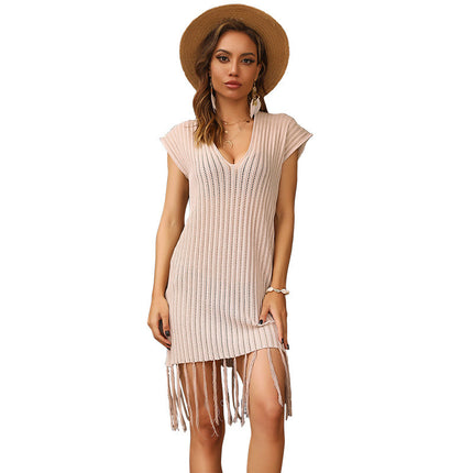 Wholesale Ladies Summer Knitted Tassel Short Sleeve Sunscreen Dress