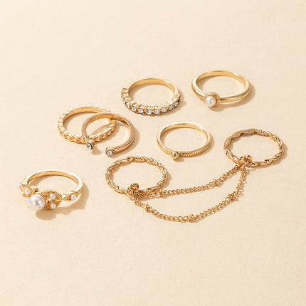 Wholesale Fashion Rhinestone Pearl Chain Tassel Mitten Ring 8pcs