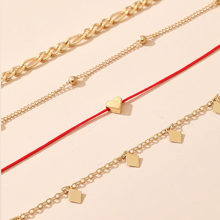 Heart String Rhombus Tassel Four Layer Anklet Set