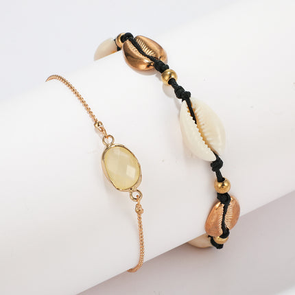 Shell Cord Braided Geometric Imitation Stone Inlaid Double Anklet Set