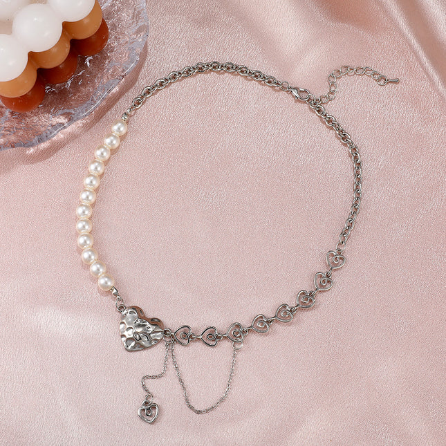 Stitching Love Pearl Necklace Heart Shaped Clavicle Chain