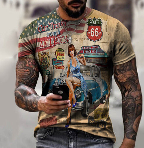 Wholesale Men's Casual Loose Vintage 3D Print Short Sleeves T-Shirt