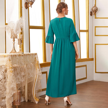 Rundhalsausschnitt, plissiertes, langärmliges, langes Kleid mit hoher Taille