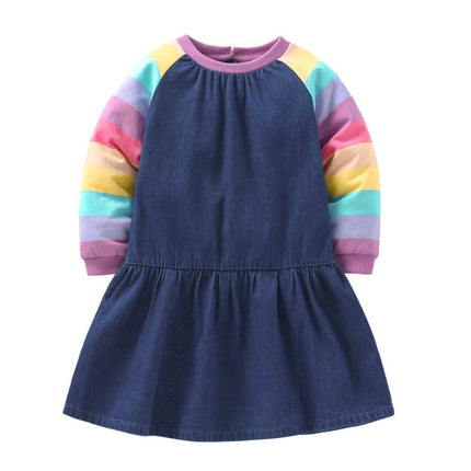 Vestido de mezclilla para niñas de manga larga con arcoíris de algodón de otoño para niños