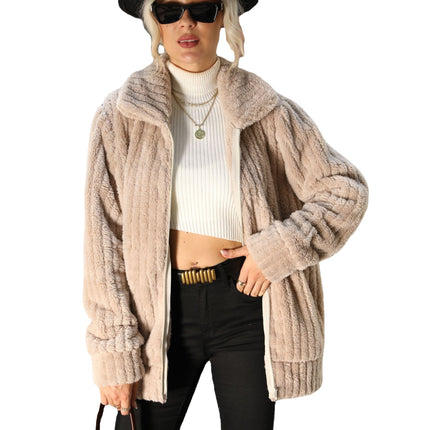 Wholesale Ladies Lapel Zipper Long Sleeve Mid-Length Fleece Jacket