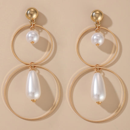 Pendientes de aro de aleación geométrica con gota de perla de moda al por mayor