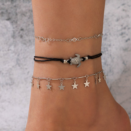 Star Tassel Cord Woven Turtle Three-Piece Anklet Set