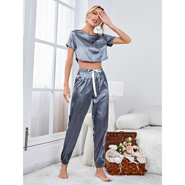 Pijama Satén Manga Corta Pijama Largo Pantalones Homewear Conjunto